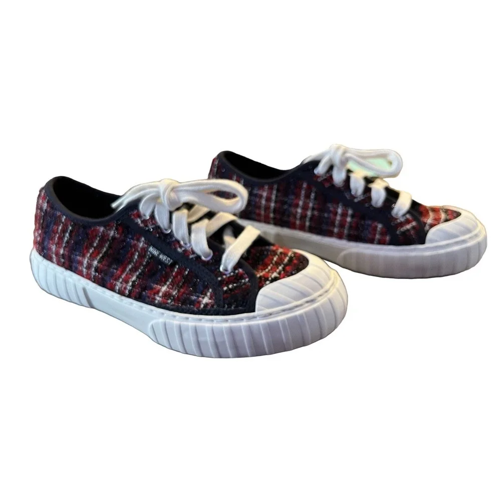 Nine West Sneakers Womens 7.5M Red Blue Plaid Lace Up Casual Deck Shoes